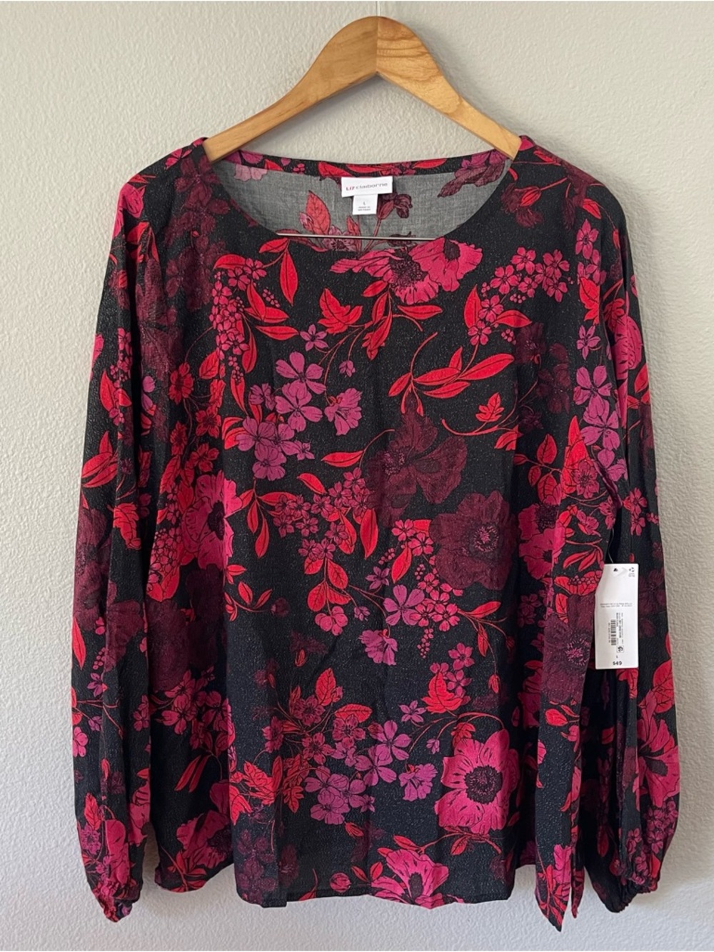 Liz Claiborne Black/Red Floral Top Blouse Size L NWT